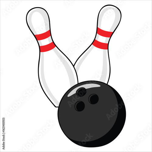 Black bowling ball and skittle icon in cartoon style. Flat vector bowling illustration ideal for sports symbols and recreational game designs