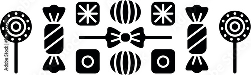 A black and white illustration of various candy pieces including lollipops and wrapped candies and squares
