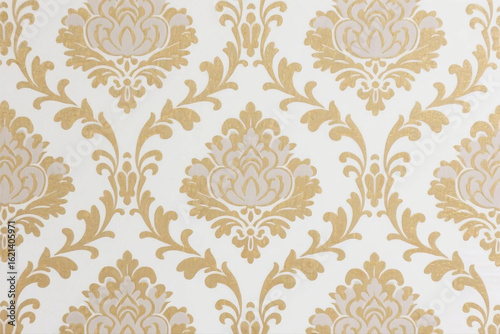 Repeating Floral Damask Motif in Muted Gold and White