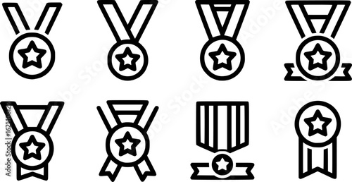 Black Line Star Medal Ribbon Icons Set including Flat Award Honor Badge and Achievement Symbol Collection with Minimal Medal Icon Group for UI Web Competition Sport and Victory Design Projects