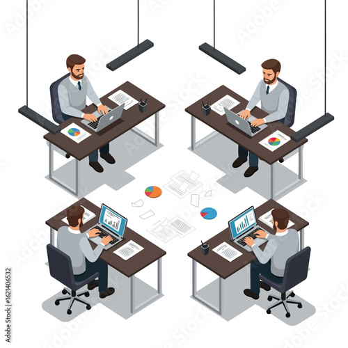 Vector illustration of four businessmen working on laptops at desks in an office setting