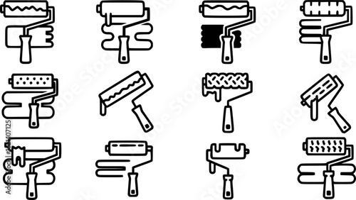 Black Line Paint Roller Icons Set including Flat Painting Tool Renovation and Decoration Symbol Collection with Minimal Roller Icon Group for UI Web Construction Wall and DIY Projects 
