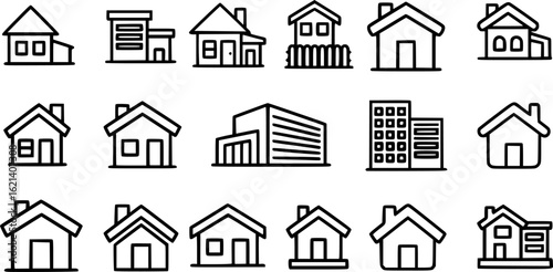 Black Line House Icons Set including Flat Home Building Real Estate and Architecture Symbol Collection with Minimal House Icon Group for UI Web Property Construction and Living Projects 