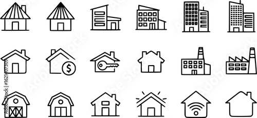 Black Line House Icons Set including Flat Home Building Real Estate and Architecture Symbol Collection with Minimal House Icon Group for UI Web Property Construction and Living Projects 