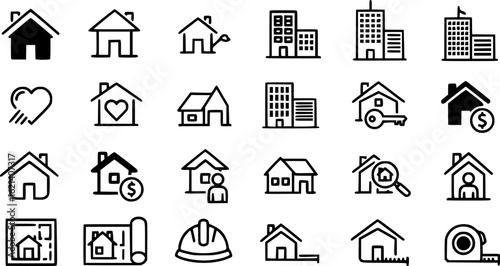 Black Line House Icons Set including Flat Home Building Real Estate and Architecture Symbol Collection with Minimal House Icon Group for UI Web Property Construction and Living Projects 