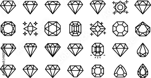 Black Line Gem Icons Set including Flat Diamond Crystal Jewel and Luxury Symbol Collection with Minimal Gemstone Icon Group for UI Web Jewelry Wealth Treasure and Decoration Projects