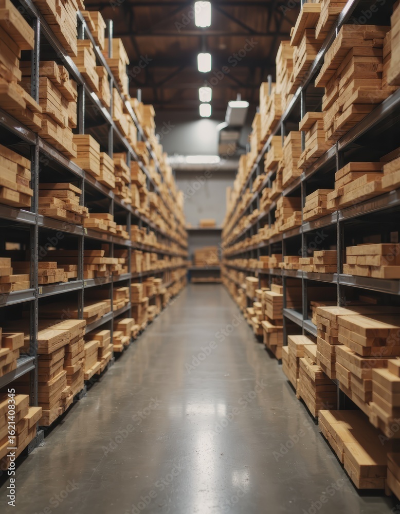 Obraz premium Organized lumber storage warehouse with neatly stacked wood inventory