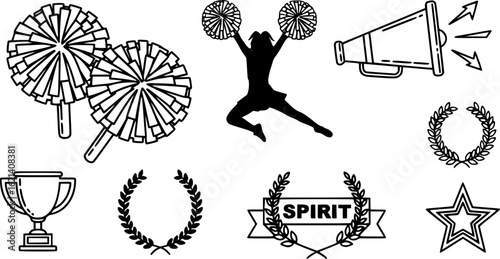 Black Line Cheerleader Icons Set including Flat Pom Pom Dance and Spirit Symbol Collection with Minimal Cheer Icon Group for Sports Event UI School Team Web and Performance 