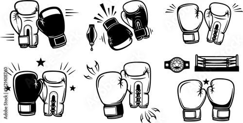 Boxing gloves vector set, sports icon collection, fitness symbol group, combat illustrations in flat and line style, martial arts equipment pack, training graphic bundle, fight gear kit