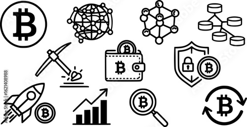 Bitcoin vector set, cryptocurrency icon collection, blockchain symbol group, digital currency illustrations in flat and line style, crypto graphic bundle, finance and investment design pack