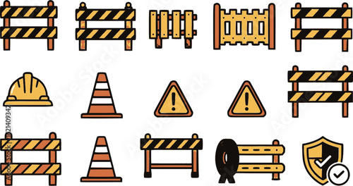 Barricades vector set, safety icon collection, construction symbol group, roadblock illustrations, barrier graphic bundle, caution design pack, traffic control elements and hazard icons