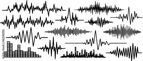 Black sound waves. Abstract music wave, radio signal frequency and digital voice visualization. Tune equalizer vector set. Monochrome volume audio lines, soundwaves rhythm