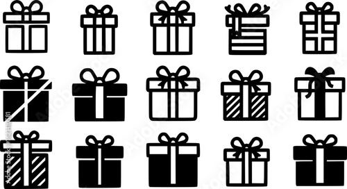 gift box icon set on a simple black silhouette color , Set of Gift Boxes Silhouette, Birthday, Christmas, Anniversary flat collection
