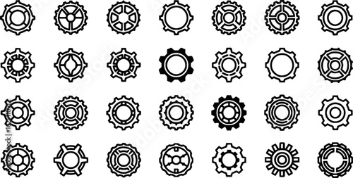 Gear simple black icons set. Bicycle sprocket mechanical cogwheels chainrings technology items. flat collection

