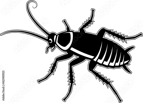 Cockroach silhouette. This image shows a black silhouette of a cockroach with detailed antennae, legs, and segmented body, symbolizing a common pest insect. Vector clipart illustration design