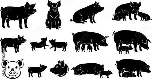 pig and piglet silhouette set. pig and piglet farm animal silhouette icon vector flat collection
