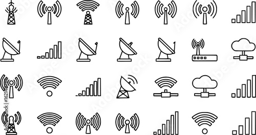 Black Line WiFi Tower Signal Icons Set including Flat Wireless Network Internet and Communication Symbol Collection with Minimal Signal Icon Group for UI Web Connection and Technology Design Projects
