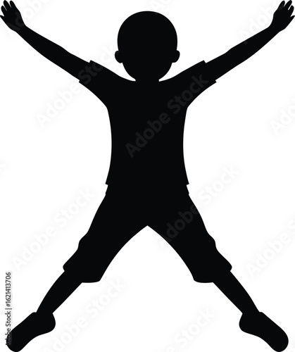 Silhouette of a young boy jumping with arms and legs spread wide on a white background