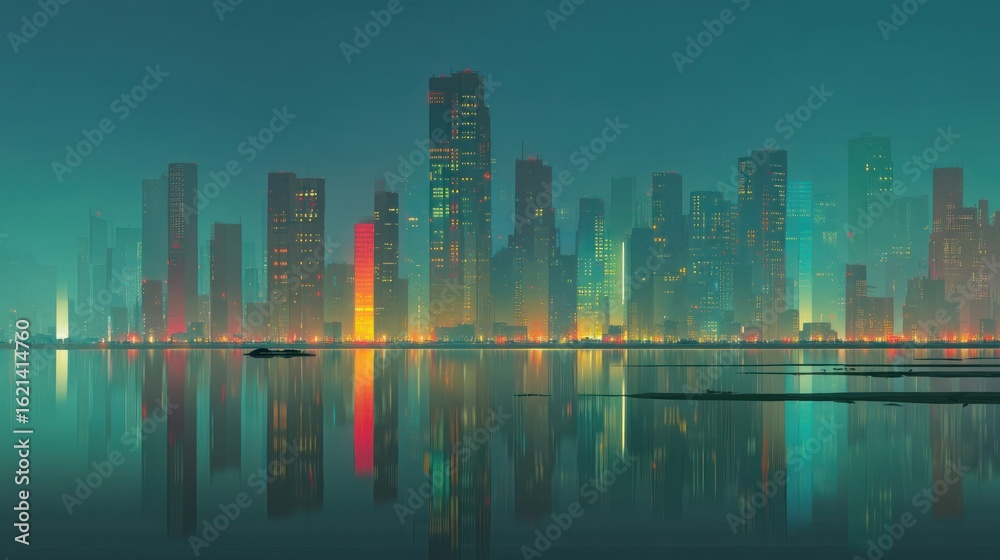 Fototapeta premium Futuristic cityscape reflecting on calm water at night