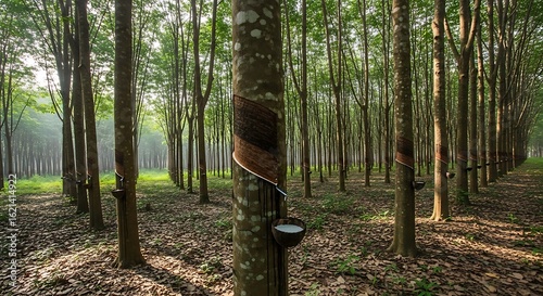 Serene Rubber Plantation with Tapped Trees and Morning Sunlight.