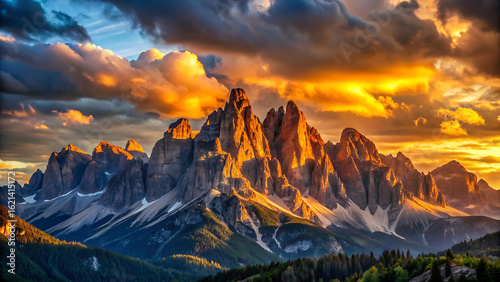 Craggy Mountain Skyline Backlit by Setting Sun