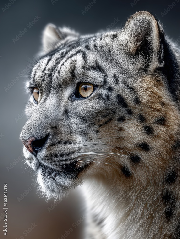 Fototapeta premium Majestic Snow Leopard Portrait Showcasing Striking Features and Fur