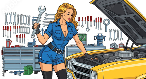 Flat illustration with transparent background of a stylish female car mechanic holding a large wrench, standing confidently next to a car with its hood open in a well-organized garage