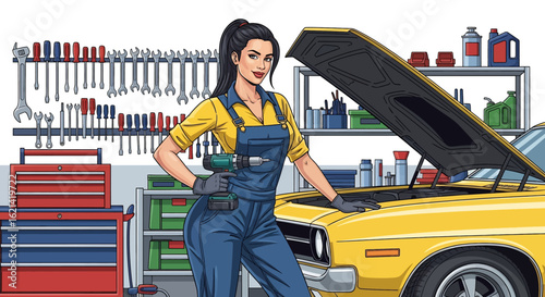 Flat illustration with transparent background of a stylish female car mechanic holding a large wrench, standing confidently next to a car with its hood open in a well-organized garage