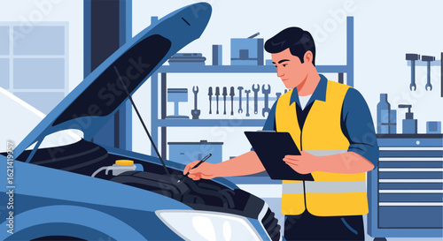 Adobe Illustrator Artwork Flat illustration with transparent background of a car mechanic performing an engine inspection on a vehicle with the hood open. Perfect for automotive service and repair