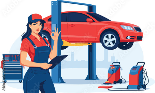 Flat illustration with transparent background of a confident female car mechanic giving an okay sign, holding a clipboard in a well-equipped auto repair shop with a car lift. Ideal for empowerment