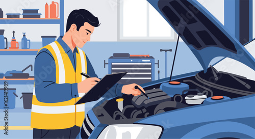 Adobe Illustrator Artwork Flat illustration with transparent background of a car mechanic performing an engine inspection on a vehicle with the hood open. Perfect for automotive service and repair