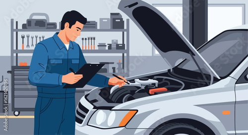 Adobe Illustrator Artwork Flat illustration with transparent background of a car mechanic performing an engine inspection on a vehicle with the hood open. Perfect for automotive service and repair