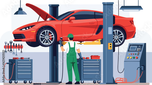 Flat illustration with transparent background of a car mechanic working under a vehicle lifted on a hydraulic ramp in a well-equipped auto repair shop. Ideal for service and maintenance themes