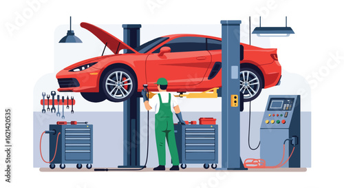 Flat illustration with transparent background of a car mechanic working under a vehicle lifted on a hydraulic ramp in a well-equipped auto repair shop. Ideal for service and maintenance themes