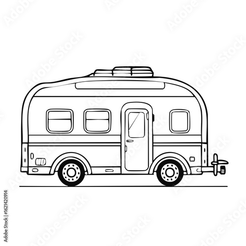 Outline Illustration of a Compact Travel Trailer for Camping Adventures and Road Trip Getaways with Wheels and Windows
