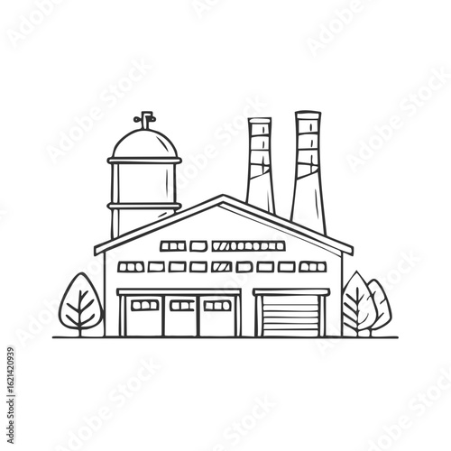 Sketch of an industrial factory building with tall chimneys, water tower, and surrounding trees