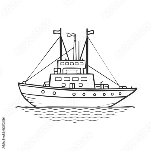 Stylized Line Drawing of a Fishing Trawler Boat Sailing on Water with Flags
