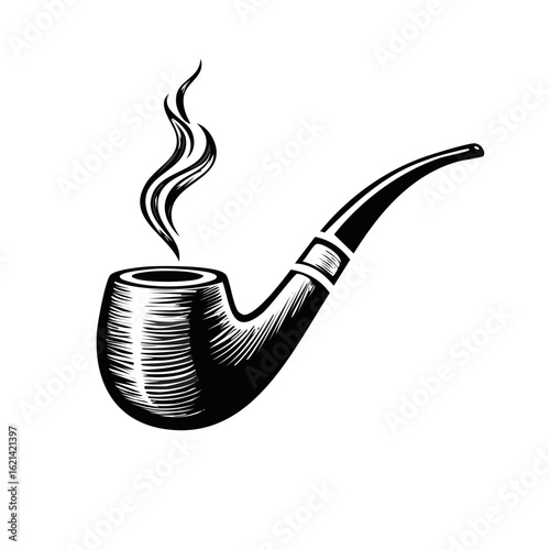 Smoking pipe illustration with smoke, vintage engraving style
