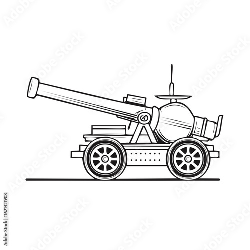 Vintage military artillery cannon outline illustration wheeled weapon history