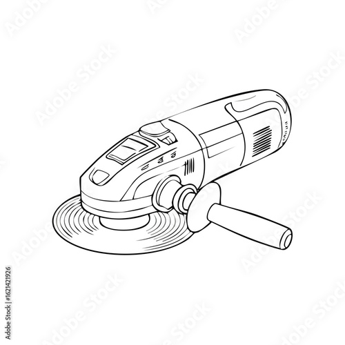 Handheld angle grinder power tool detailed line art drawing, isolated vector illustration