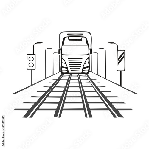 Truck on train tracks perspective view with traffic signals