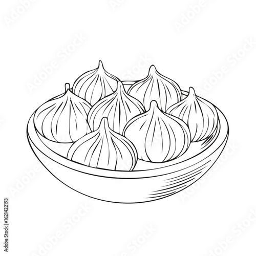 Hand drawn sketch of traditional steamed dumplings in a bowl line art illustration