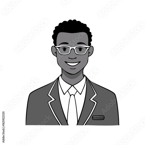 Illustration of a smiling young African American professional man in a suit and glasses