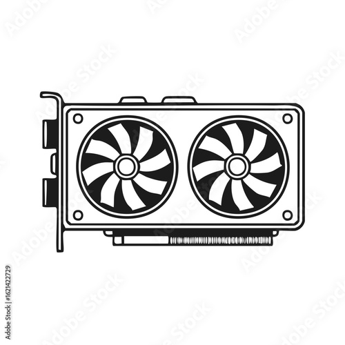 Dual Fan Graphics Card Outline Vector Icon for Computer Hardware and Gaming Technology