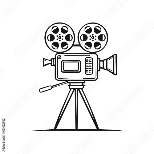 Vintage Film Camera Sketch Illustration on Tripod, Cinema Tool, Movie Industry Equipment