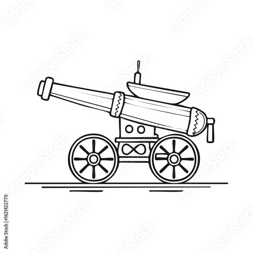 Stylized vintage artillery cannon outline with ramrod, line art, wheeled gun, traditional design and cartoon art