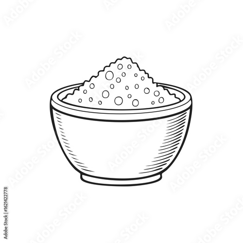 Hand drawn sketch of a full bowl with granular substance like sugar or flour