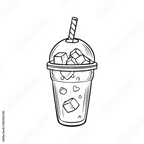 Line art illustration of an iced drink in a plastic cup with a dome lid and straw