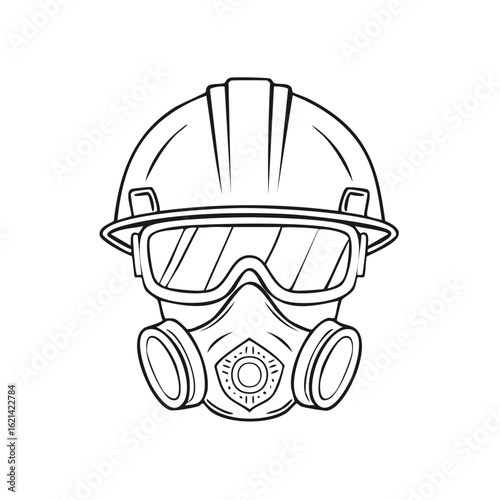 Outline of a hard hat with safety goggles and a gas mask