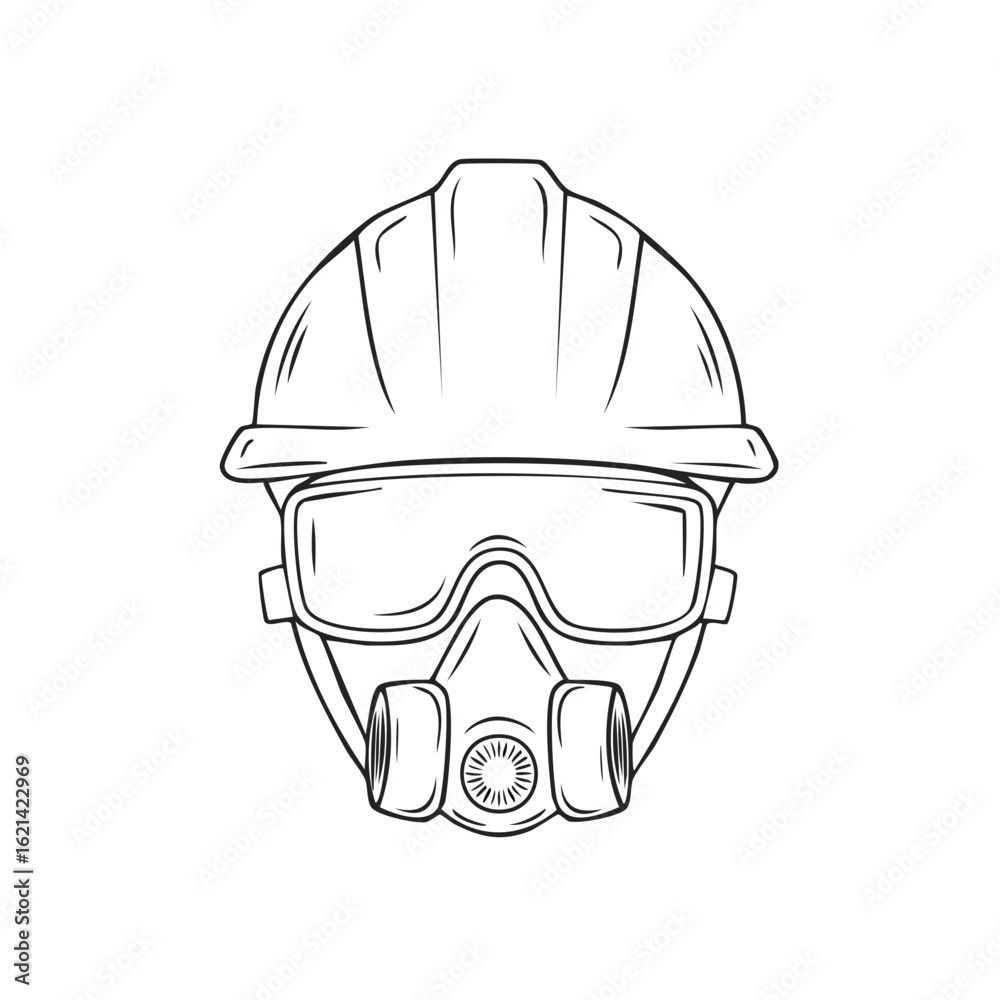 Naklejka premium Contour illustration of a hardhat, safety goggles, and gas mask. Black and white construction worker PPE.
